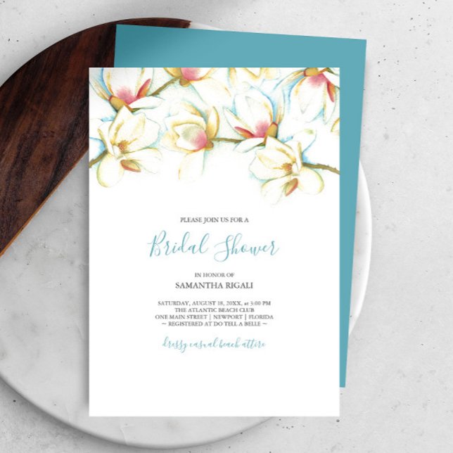 Chá de panela Floral Magnolia Branca Aquarela (Bridal shower invitations watercolor white magnolia flowers art by Victoria Grigaliunas DoTellABelle)