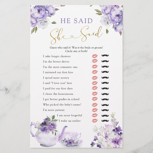 Chá de panela Floral Roxo Tea Ele Disse Que Ela Di (Frente)