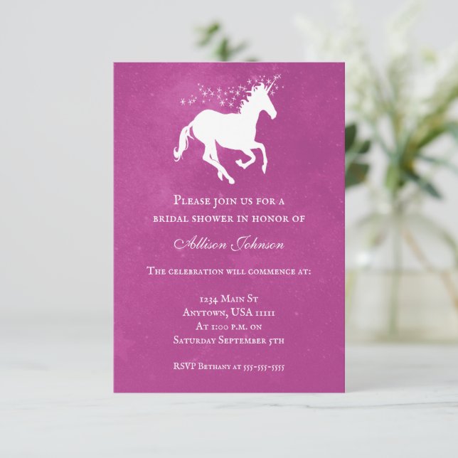 Chá de panela Magenta Unicorn Convite (Em pé/Frente)