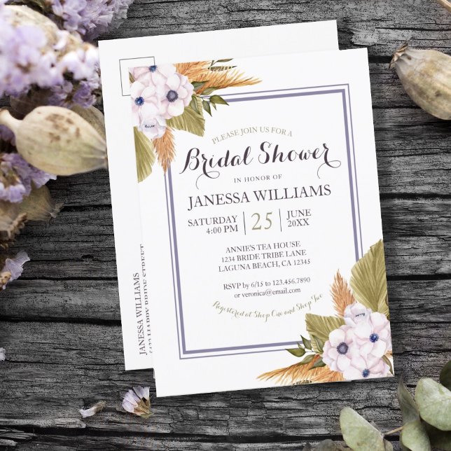 Chá de panela Pastel Floral Pampas Grass Convite (PASTEL LAVENDER PAMPAS GRASS BRIDAL SHOWER INVITATION POSTCARD)