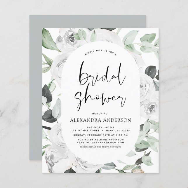 Chá de panela Rosa Branco Orçamento Convite Floral (Frente/Verso)