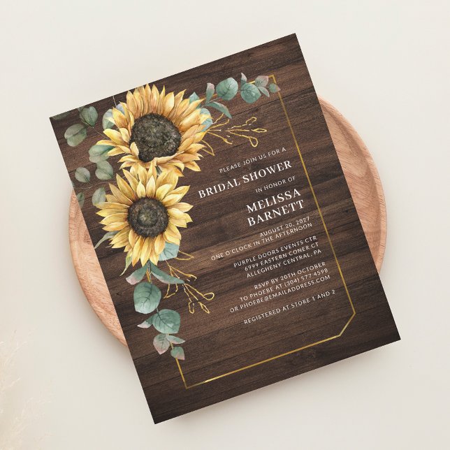 Chá de panela Rústico de Girassol de Girassol (Rustic Floral Sunflower Eucalyptus Greenery Wood Bridal Shower Invitation)