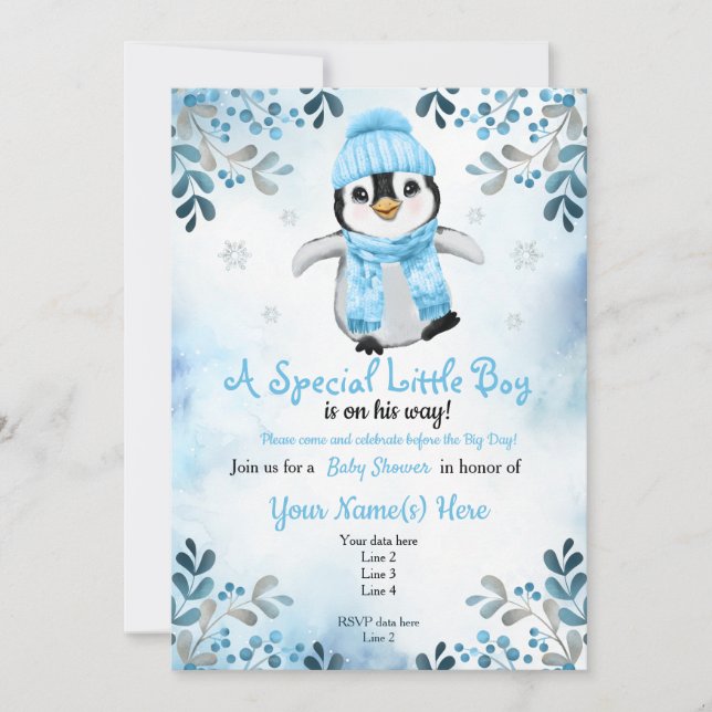 Chá de Winter Boy Penguin convite Blue Snow (Frente)