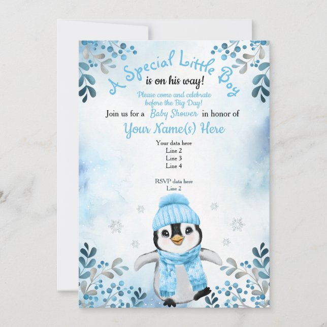 Chá de Winter Boy Penguin convite Blue Snow (Frente)