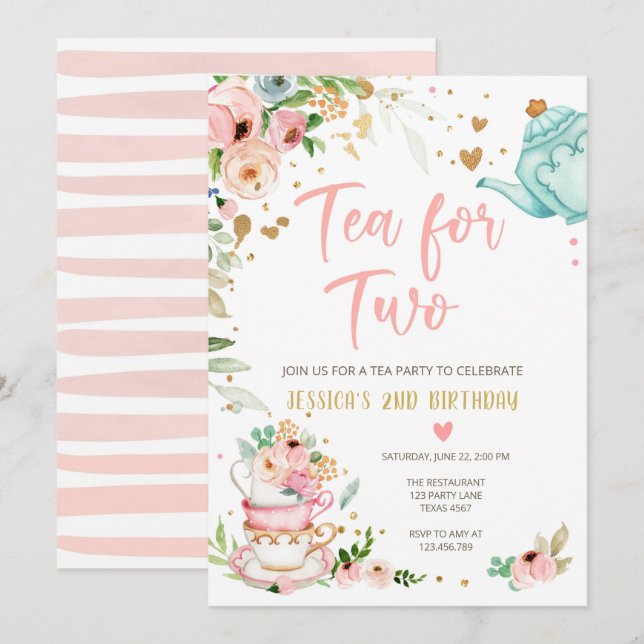 Chá para Dois Aniversário Convite Festa de Chá Flo (Frente/Verso)