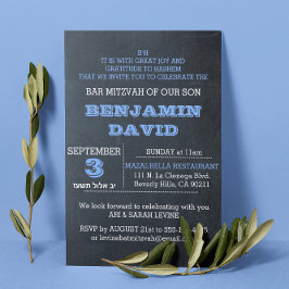 Chalkboard Blue B"H Bar Mitzvah Convite
