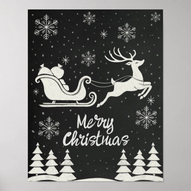 Chalkboard Feliz Poster de Natal com Reindeer (Frente)