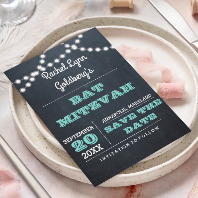 Chalkboard Lights Teal Bat Mitzvah Salvar a Data (Criador carregado)