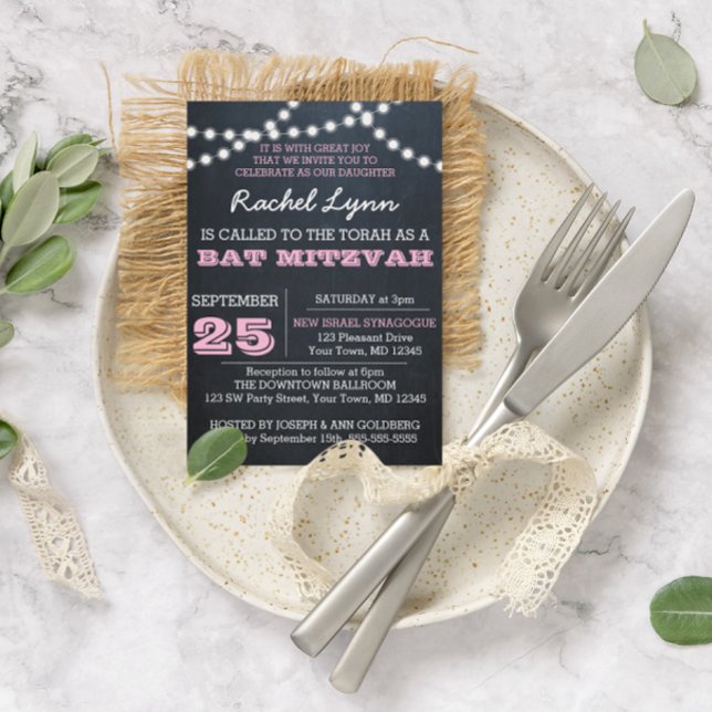 Chalkboard Luz Rosa Bat Mitzvah Convite (Criador carregado)