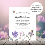 Chamada de aniversário do orçamento rosa púrpura<br><div class="desc">Um fundo branco. Decorado com abelhas e pintado flores silvestres em violeta e rosa. Personalize e adicione um nome e detalhes da parte.</div>