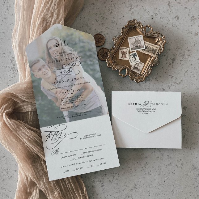 Chamada de Caligrafia Monograma Foto Casamento (Romantic Calligraphy Monogram Photo Wedding All In One Invitation)