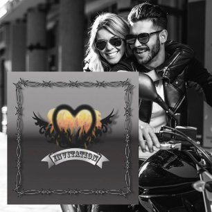 Chamas Heart RockNRoll Biker Convite para Casament