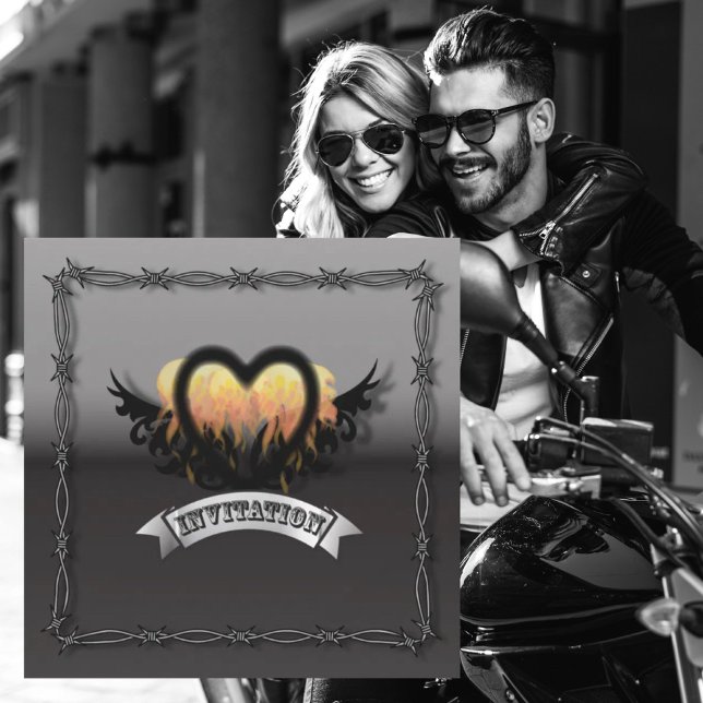 Chamas Heart RockNRoll Biker Convite para Casament (Flames Heart RockNRoll Biker Wedding Invitation)