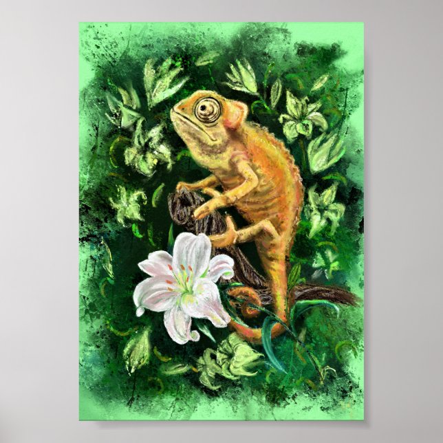 Chameleon deixa Poster verde - pintura (Frente)