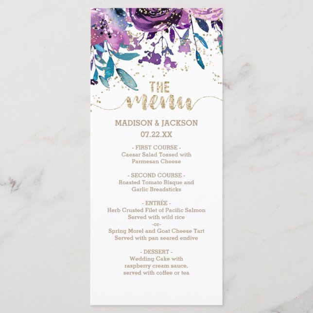 Champagne Floral Dourada Confetti Menu Casamento (Frente)