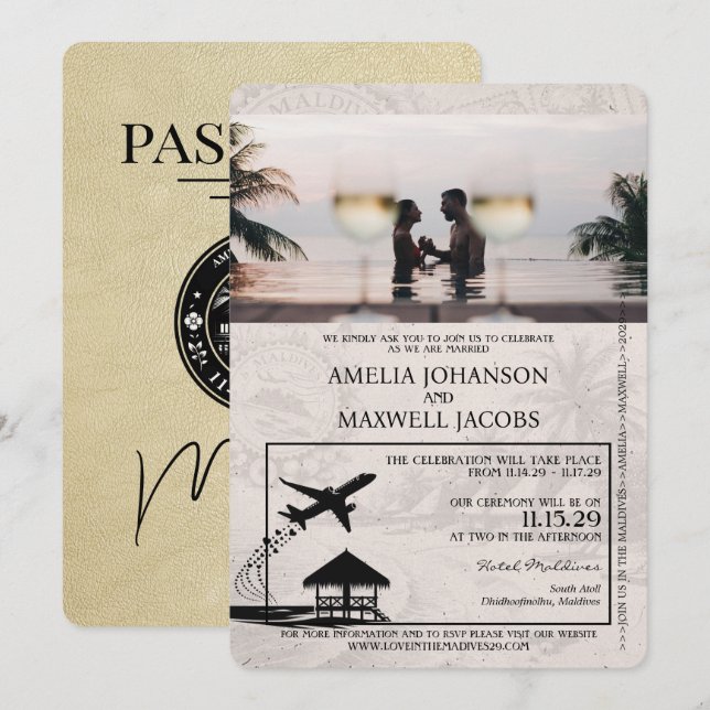 Champagne Maldives Passaporte Convite para Casamen (Frente/Verso)