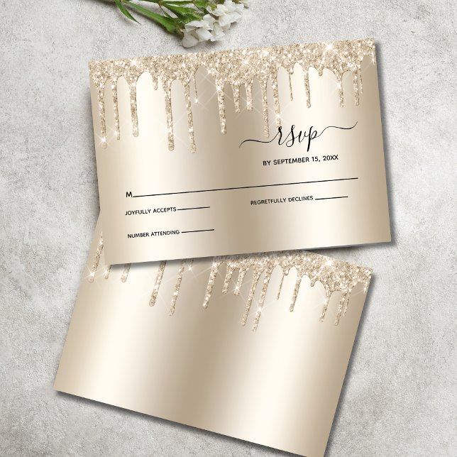Champagne Pingando Brilho Elegante RSVP Casamento (Champagne Dripping Glitter Wedding RSVP card)