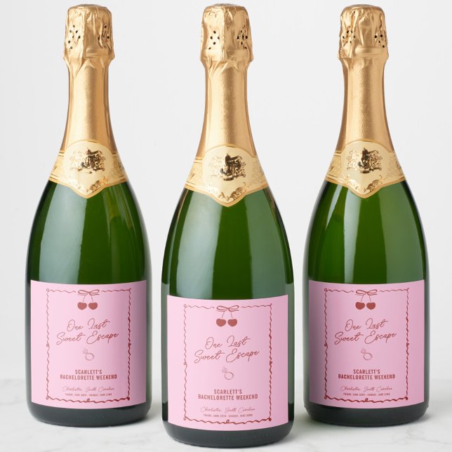 Champagne Pink e Red Cherry Fim de Semana de Despe (One Last Sweet Escape champagne label, bachelorette party favors, toasting, bachelorette weekend)