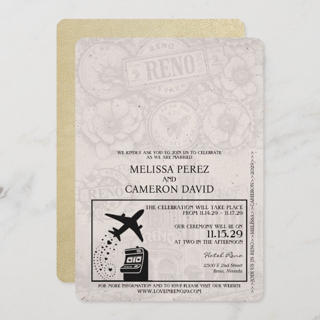 Champagne Reno Passaporte Convite para Casamento (Frente/Verso)
