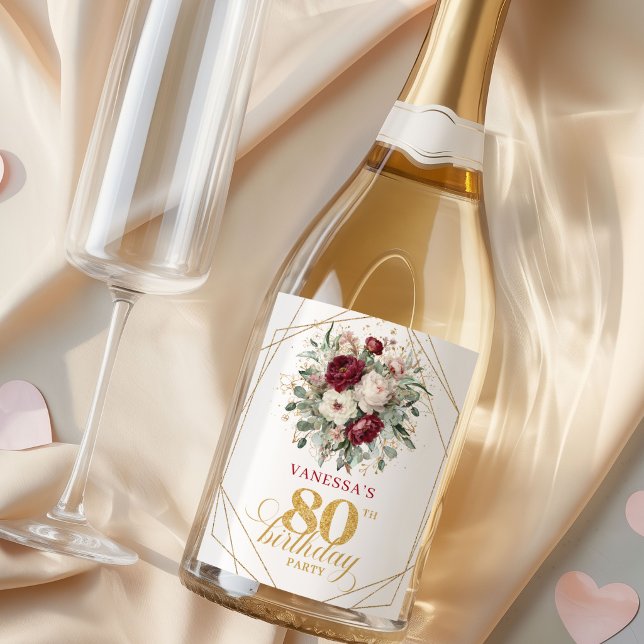 Champagne Rosa Floral Chic Burgundy para 80º Anive (Chic Floral Blush Burgundy 80th Birthday Champagne Labels)