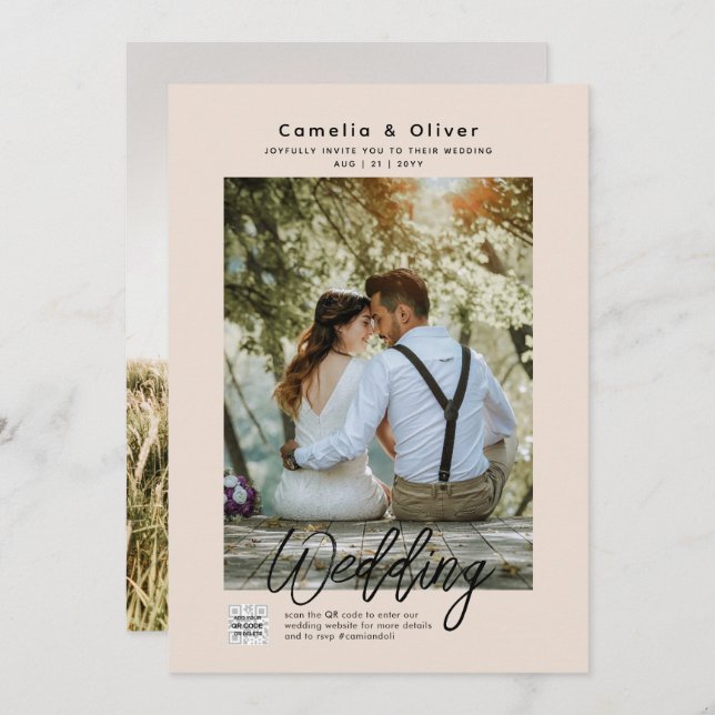 Champanhe Blush PHOTO Casamento Convite QR Código (Frente/Verso)