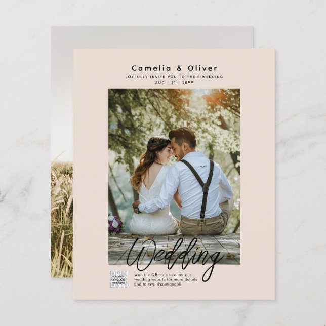 Champanhe Blush PHOTO Casamento Convite QR Código (Frente/Verso)