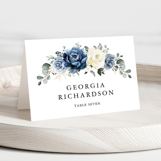 Champanhe de Marinho Azul Dusty Cartão de Localida (Dusty Blue Navy Champagne Ivory Floral Guest Name Place Card)