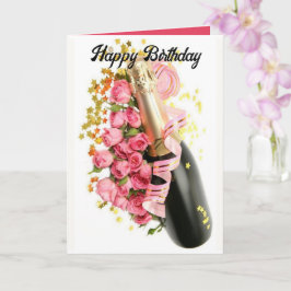 Champanhe e Cartão de Aniversário de Rosas Rosa