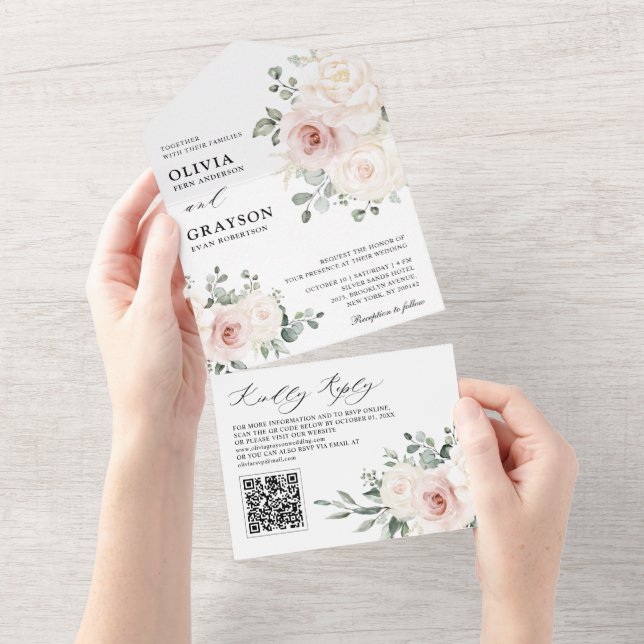 Champanhe Ivory Blush Cor-de-rosa Código QR Floral (Tearaway)