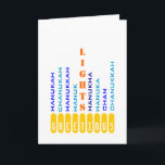 Chanukah Menorah no cartão das palavras<br><div class="desc">Esta menorah é composta por "velas" feitas com as várias ortografias de Chanukah/Hanukkah... </div>