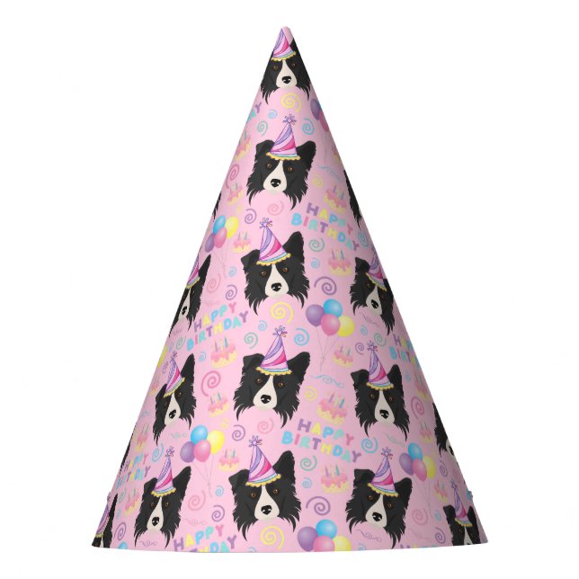 Chapéu de Aniversário de Border Collie Rosa (Frente)