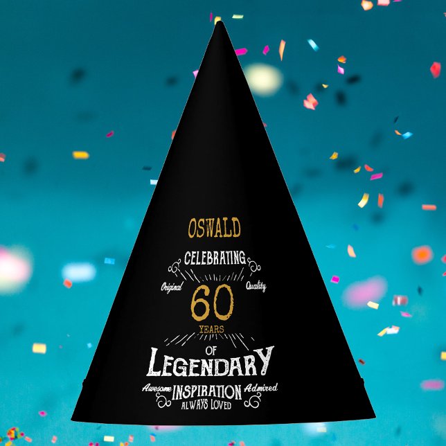 Chapéu De Festa 60.º Aniversário Legendário Retro Dourado Preto (60th Birthday Legendary Black Gold Retro Party Hat
)