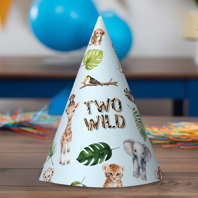 Chapéu De Festa Animais da Selva segundo aniversário Selvagem Azul (Two Wild, Blue Safari Themed Baby Boy 2nd birthday party hat.)