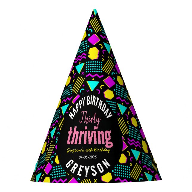 Chapéu De Festa Aniversário de 30 anos 3 e preto e retrô prósperos (Frente)