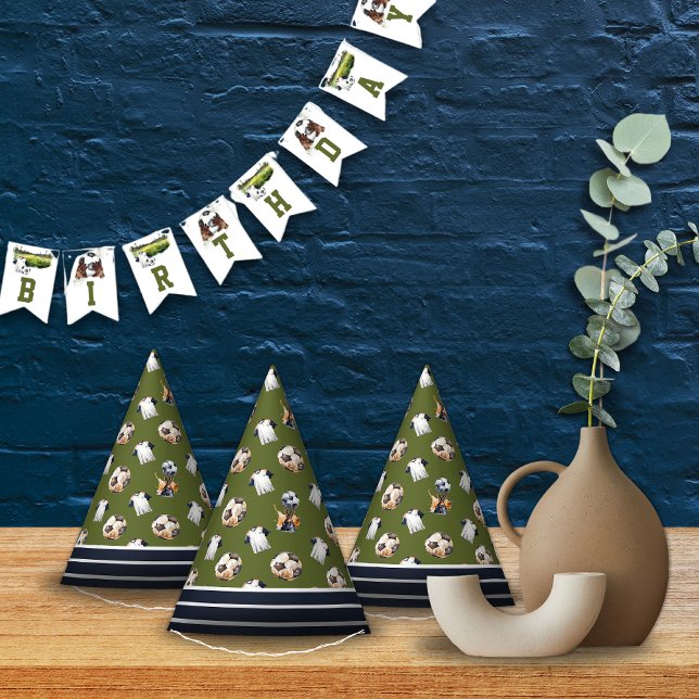 Chapéu De Festa Aniversário de criança Ball Sport (Green Blue Stripes Soccer Pattern Birthday Party Paper Hats)
