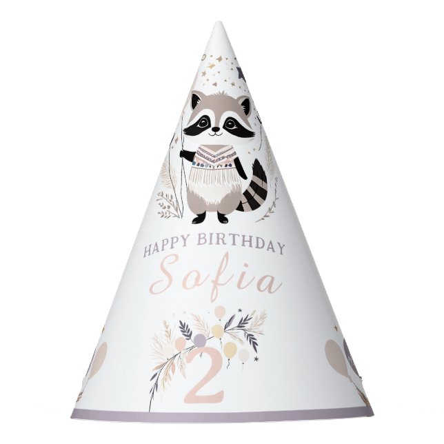 Chapéu De Festa Aniversário de Pastel Boho Raccoon e Balões (Frente)