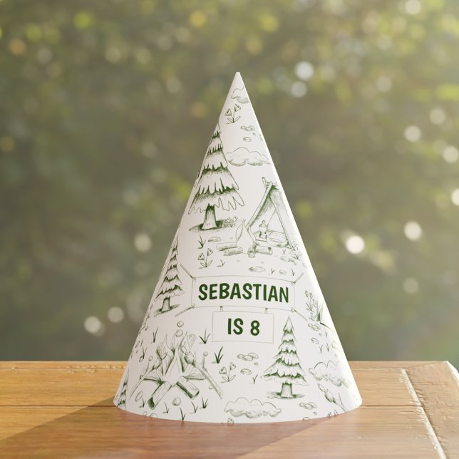 Chapéu De Festa Aniversário do Campo de Campanha de Pinheiros Verd (Forest Green Pine Trees Campfire Camping Birthday Party Hat)