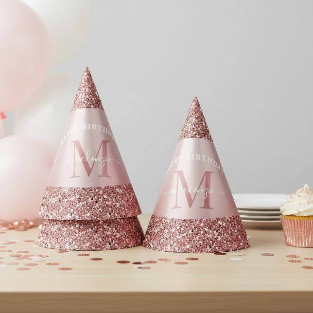 Chapéu De Festa Aniversário do Monograma com brilho de rosa Dourad (Rose Gold Sparkle Glitter Monogram Birthday Party Hat)