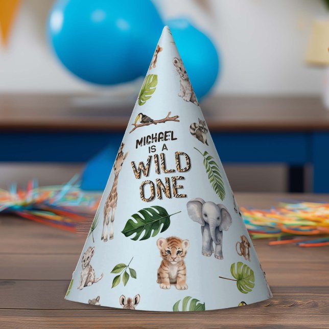 Chapéu De Festa Azul Selvagem, Safari Themed Baby Boy 1rua (Blue Wild One, Safari Themed Boy 1st birthday party hat.)