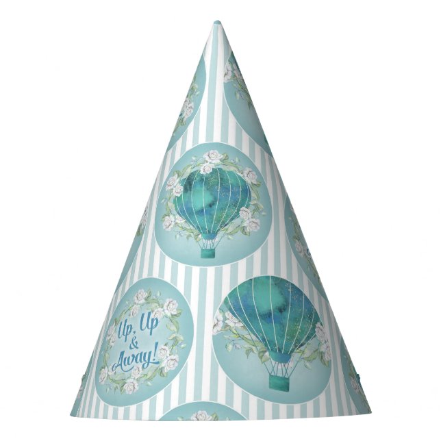 Chapéu De Festa Balão de Ar Quente Turquesa - Stripes Brancas Aqua (Frente)