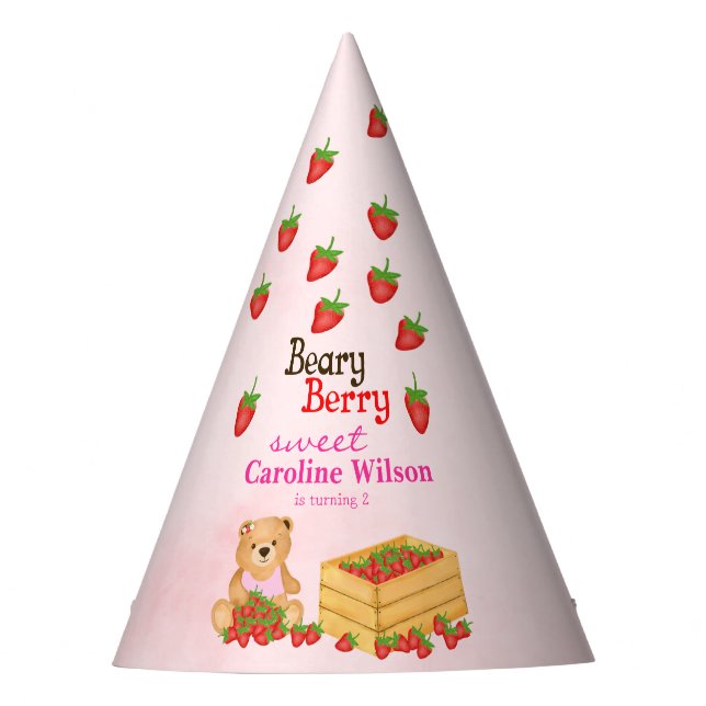 Chapéu De Festa Beary Berry Sweet Pink Bear Strawberry Aniversário (Frente)