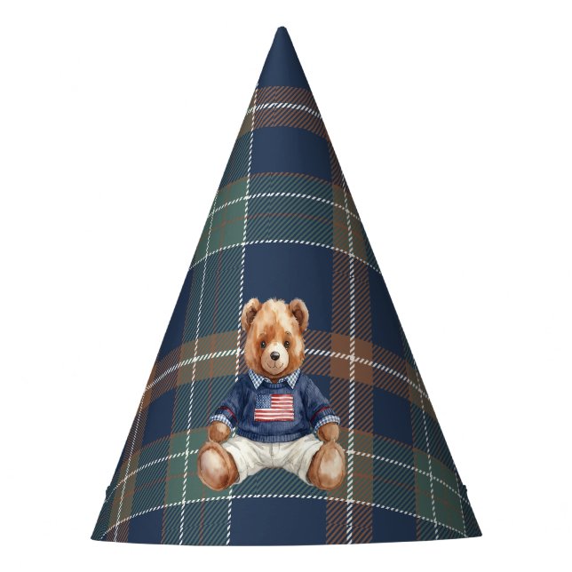 Chapéu De Festa Beary First Navy Plaid Teddy Bear Birthday Party H (Frente)
