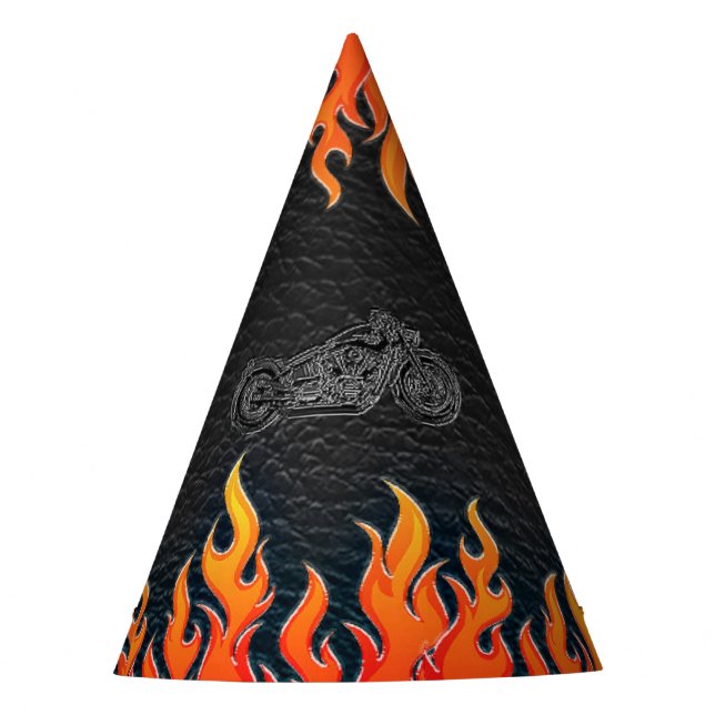 Chapéu De Festa Black Leather Orange Flames Motorcycle Bikers Part (Frente)