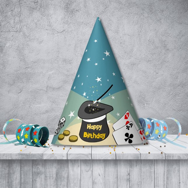 Chapéu De Festa Blue Magic Show Kids Feliz aniversário (Magic Show Happy Birthday Blue Kids Party Hat, Custom Text, Color)