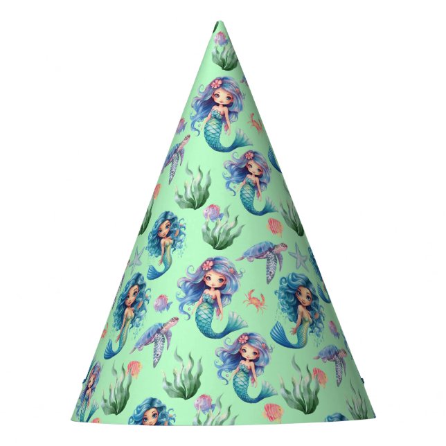 Chapéu De Festa Blue Mermaid Birthday Party Hat in Green (Frente)