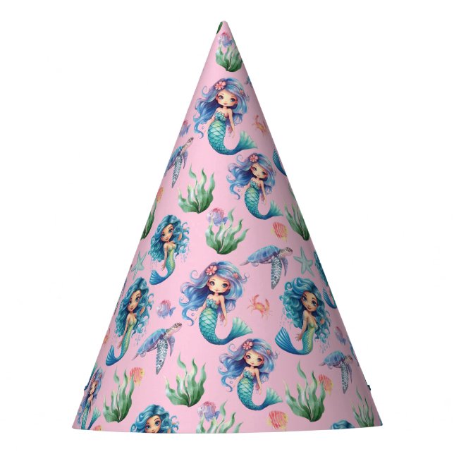 Chapéu De Festa Blue Mermaid Birthday Party Hat in Pink (Frente)