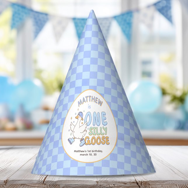 Chapéu De Festa Blue One Silly Goose-Retro Boy First Birthday (Blue One Silly Goose-Retro Boy First Birthday Party Hat. Spring Silly Goose Themed 1st Birthday Hat)