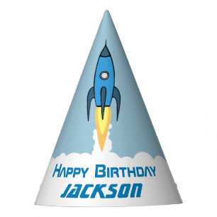 Chapéu De Festa Blue Retro Rocket Ship Personalizado Birthday Boy