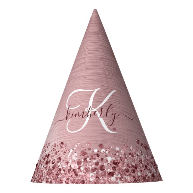 Chapéu De Festa Blush Pink Brushed Metal Glitter Monogram Name (Frente)