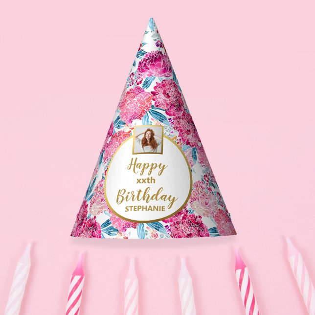 Chapéu De Festa Boho Chic Pink Floral Custom Photo Happy Birthday (Criador carregado)